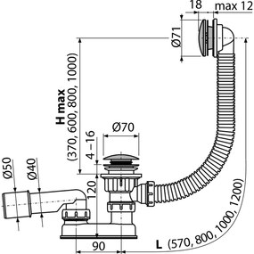 Sifon cada baie cu ventil Click-Clack metalic 120 mm si preaplin Alcadrain A504CKM 120 mm