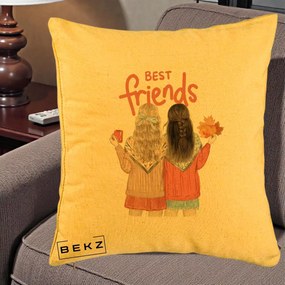 Cadou pentru Prieteni - Perna Personalizata Best Friends Toamna, 40x40 cm, Galben, Husa Detasabila, Perna Inclusa, BEKZ®