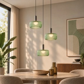 Lampă suspendată de design gunmetal cu sticlă verde, inclusiv LED reglabil în 3 trepte, 3 lumini cu sistem Easylift - Fiera