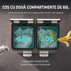 HOMCOM Coș de gunoi pentru bucătărie 2 x 30 L, cu pedală, din oțel inoxidabil, cu recipiente detașabile și închidere lentă, argintiu | Aosom Romania