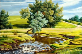 Tablou - Râu între câmpii, pictură în ulei (90x60 cm)