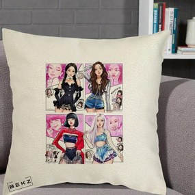 Perna Personalizata K-pop BLACKPINK Fanart Manga Benzi Desenate 4 Membre, 40x40 cm, Ecru, Husa Detasabila, Perna Inclusa, BEKZ®