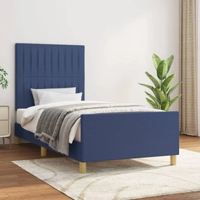 Cadru de pat cu tablie, albastru, 90x190 cm, textil Albastru, 90 x 190 cm, Benzi verticale