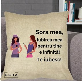 Cadou pentru Sora - Perna Personalizata Sora Mea Te Iubesc Doua Fete cu Telefoane, 40x40 cm, Crem, Husa Detasabila, Perna Inclusa, BEKZ®