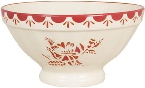 Bol din ceramică artizanală, natur, cu motive florale pictate manual roșu și bordură decorativă, 23×12 cm, „Marion"