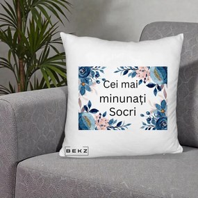 Cadou pentru Socri - Perna Personalizata Cei mai Minunati Socri cu Flori Albastre si Roz, 40x40 cm, Alb Pufos, Husa Detasabila, Perna Inclusa, BEKZ®
