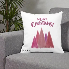 Perna Decorativa Merry Christmas Brazi Roz, 40x40 cm, Alba Mata, Husa Detasabila, Perna Inclusa, BEKZ®