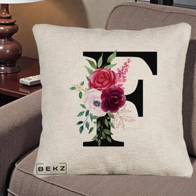 Cadou Personalizat - Perna Personalizata Monograma Florala Litera F, 40x40 cm, Bej Canapea, Husa Detasabila, Perna Inclusa, BEKZ®