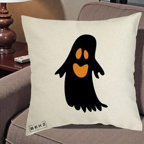Perna Decorativa Halloween Fantoma Neagra cu Ochi Portocalii, 40x40 cm, Ecru, Husa Detasabila, Perna Inclusa, BEKZ®