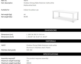 Masa pentru interior/ exterior design LUX din aluminiu Vistamar alb, 240x105cm