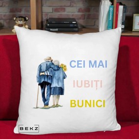 Cadou pentru Bunici - Perna Personalizata Cei Mai Iubiti Bunici Acuarela Spate, 40x40 cm, Alb Pufos, Husa Detasabila, Perna Inclusa, BEKZ®