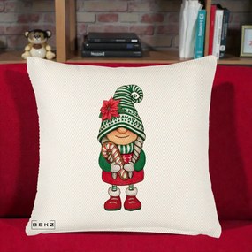 Perna Decorativa Gnom Craciun Verde cu Bomboane si Floare, 40x40 cm, Crem Reliefat, Husa Detasabila, Perna Inclusa, BEKZ®