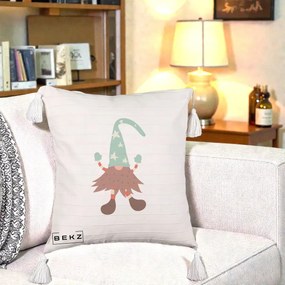 Perna Decorativa Pitic Gnom Nordic cu Cadou Menta, 40x40 cm, Bej cu Franjuri, Husa Detasabila, Perna Inclusa, BEKZ®