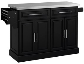 HOMCOM Insulă de bucătărie pe roți Blat din oțel inoxidabil Sertare Rafturi reglabile Suport pentru condimente Suport prosoape 145x45x93 cm Negru | Aosom Romania