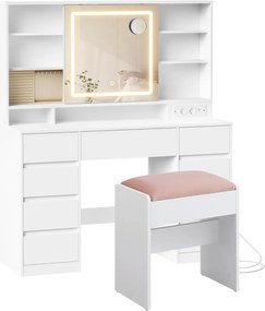 SEA822 - Set Masa toaleta 110 cm, 9 Sertare, Oglinda cu LED, Priza, USB si USB-C, masuta vanity, make-up cu Organizator Bijuterii - Alb