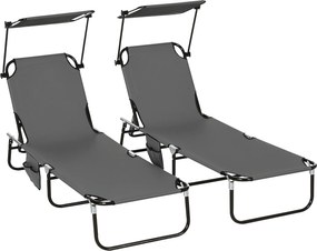 Outsunny Set 2 șezlonguri pliante cu parasolar, spătar reglabil în 5 trepte, Gri închis | Aosom Romania