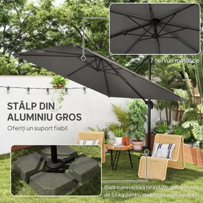 Outsunny Umbrelă de Grădină Decentralizată cu Manivelă 3x3m, Înclinabilă, Rotativă 360°, Umbrelă de Exterior Pătrată cu Bază Cruce, din Aluminiu, pentru Terasă sau Piscină, UV30+, Gri Închis | Aosom Romania