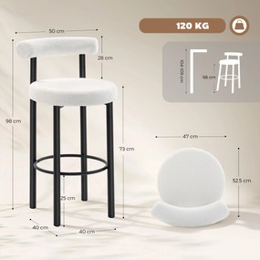 HOMCOM Set de 2 taburete de bar, scaune de bar din țesătură bouclette cu spătar curbat, suport pentru picioare, 50x52,5x98cm, crem | Aosom Romania