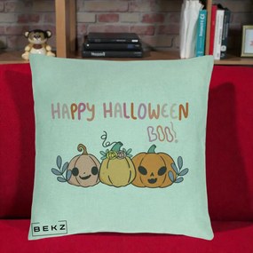Perna Decorativa Happy Halloween Boo Trei Dovlecei Kawaii, 40x40 cm, Verde Menta, Husa Detasabila, Perna Inclusa, BEKZ®