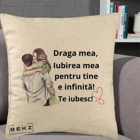 Cadou pentru Iubita - Perna Personalizata Draga Mea Iubirea Mea Infinita Te Iubesc cu Cuplu Acuarela, 40x40 cm, Bej, Husa Detasabila, Perna Inclusa, BEKZ®
