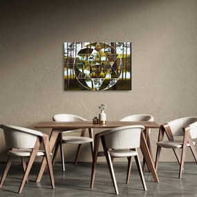 Tablou pe sticlă - Colaj geometric pe fundalul pădurilor nordice (70x50 cm)