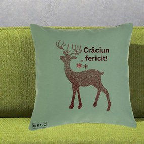 Perna Decorativa Ren Sclipitor Glitter Craciun Fericit, 40x40 cm, Verde, Husa Detasabila, Perna Inclusa, BEKZ®