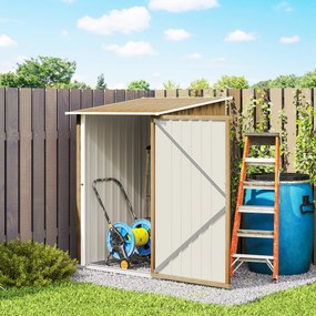 Outsunny Căsuță de Grădină 0.92m² din Oțel Galvanizat, Depozit pentru Unelte cu Ușă Blocabilă, Acoperiș Înclinat, 100x104x160 cm, Maro Deschis cu Aspect de Lemn | Aosom Romania