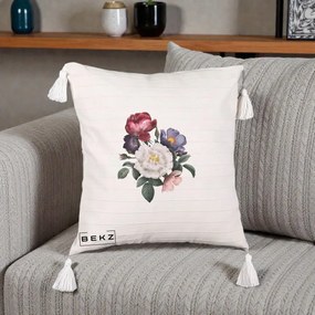 Perna Decorativa Buchet Trandafiri Bujori Botanical, 40x40 cm, Bej cu Franjuri, Husa Detasabila, Perna Inclusa, BEKZ®