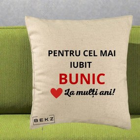 Cadou pentru Bunic - Perna Personalizata Pentru Cel Mai Iubit Bunic La Multi Ani Rosu, 40x40 cm, Bej, Husa Detasabila, Perna Inclusa, BEKZ®