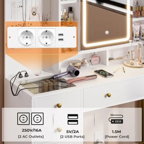 SEA474 - Set Masa toaleta, 98 cm, cosmetica machiaj, oglinda cu LED, masuta vanity cu 2 Porturi USB, si 2 Prize - Alb-Auriu