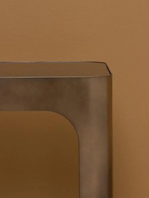 Consolă metalică cu raft din sticlă, formă rotunjită, finisaj auriu antichizat, 76x40x130 cm, „Lexton"