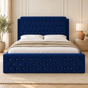 Pat tapițat Chesterfield din catifea Aveline Deluxe 160×200 cm, bleumarin, cu ladă de depozitare