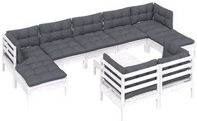 Set mobilier gradina cu perne, 10 piese, alb, lemn masiv pin Alb, 1