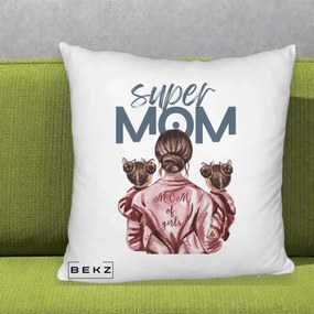 Cadou pentru Mama - Perna Personalizata Super Mom of Girls Mama cu Gemene, 40x40 cm, Alb Pufos, Husa Detasabila, Perna Inclusa, BEKZ®