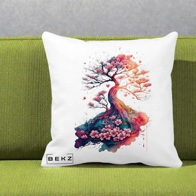 Perna Decorativa Copac Sakura Acuarela Fantasy, 40x40 cm, Alba Mata, Husa Detasabila, Perna Inclusa, BEKZ®