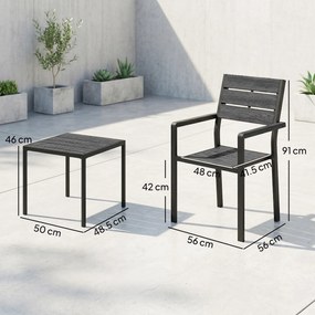 Outsunny Set bistro de grădină 3 piese masă bistro cu 2 scaune, design lamele, aspect lemn, blat HDPE rezistent la rugină | Aosom Romania