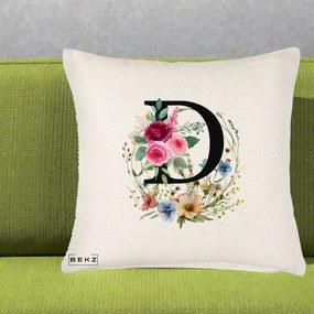 Cadou Personalizat - Perna Personalizata Monogram Litera D cu Flori Acuarela, 40x40 cm, Crem Reliefat, Husa Detasabila, Perna Inclusa, BEKZ®