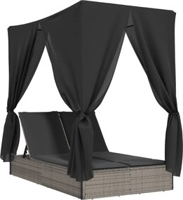 vidaXL Șezlong de plajă dublu cu acoperiș și perdele, gri, poliratan