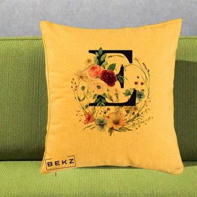 Cadou Personalizat - Perna Personalizata Monogram Litera E cu Flori Acuarela, 40x40 cm, Galben, Husa Detasabila, Perna Inclusa, BEKZ®