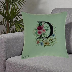 Cadou Personalizat - Perna Personalizata Monogram Litera D cu Flori Acuarela, 40x40 cm, Verde, Husa Detasabila, Perna Inclusa, BEKZ®