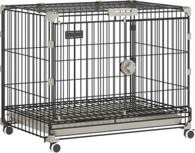 PawHut Cușcă pliabilă pentru câini, Tavă detașabilă, Roți cu frâne, Acoperiș rabatabil, Ușă pentru hrănire, 60,5x45,5x54,5cm, Negru | Aosom Romania