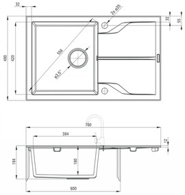 Chiuveta bucatarie compozit cu picurator grafit 78 cm Deante Andante 780x490 mm, Grafit