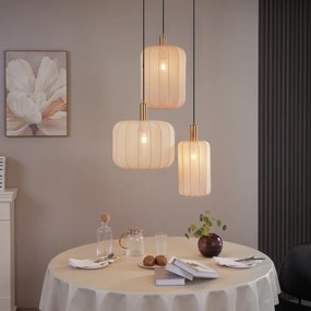 Lampă suspendată Japandi neagră și aurie cu abajur bej cu 3 lumini - Pluni