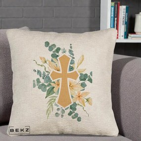 Perna Personalizata Cruce Florala Botez, 40x40 cm, Bej Canapea, Husa Detasabila, Perna Inclusa, BEKZ®