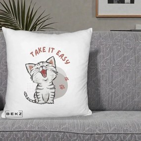 Perna Personalizata Take It Easy Cat, 40x40 cm, Alb Pufos, Husa Detasabila, Perna Inclusa, BEKZ®