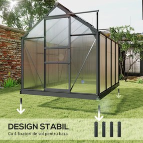 Outsunny Seră de Grădină, Seră din Policarbonat și Aluminiu cu Ușă Culisantă, Ventilație pe Acoperiș și Jgheab, 190x192x201 cm, Gri | Aosom Romania