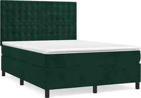 vidaXL Pat box spring cu saltea, verde închis, 140x190 cm, catifea