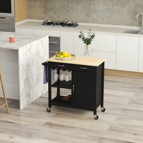 HOMCOM Cărucior de Bucătărie cu Sertare, Roți și Dulap cu 2 Uși 89x40x84 cm Negru | Aosom Romania