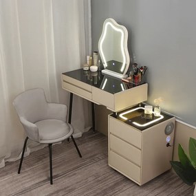 RESIGILAT- Set ISIDORE, Masă de toaletă pentru machiaj, incarcare Wireless+USB, oglindă iluminată LED, control touch, trei tipuri culoare, 6 sertare, comodă iluminata LED, difuzor Bluetooth, scaun, 80 cm