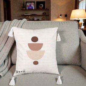 Perna Decorativa Geometric Boho Balance, 40x40 cm, Bej cu Franjuri, Husa Detasabila, Perna Inclusa, BEKZ®